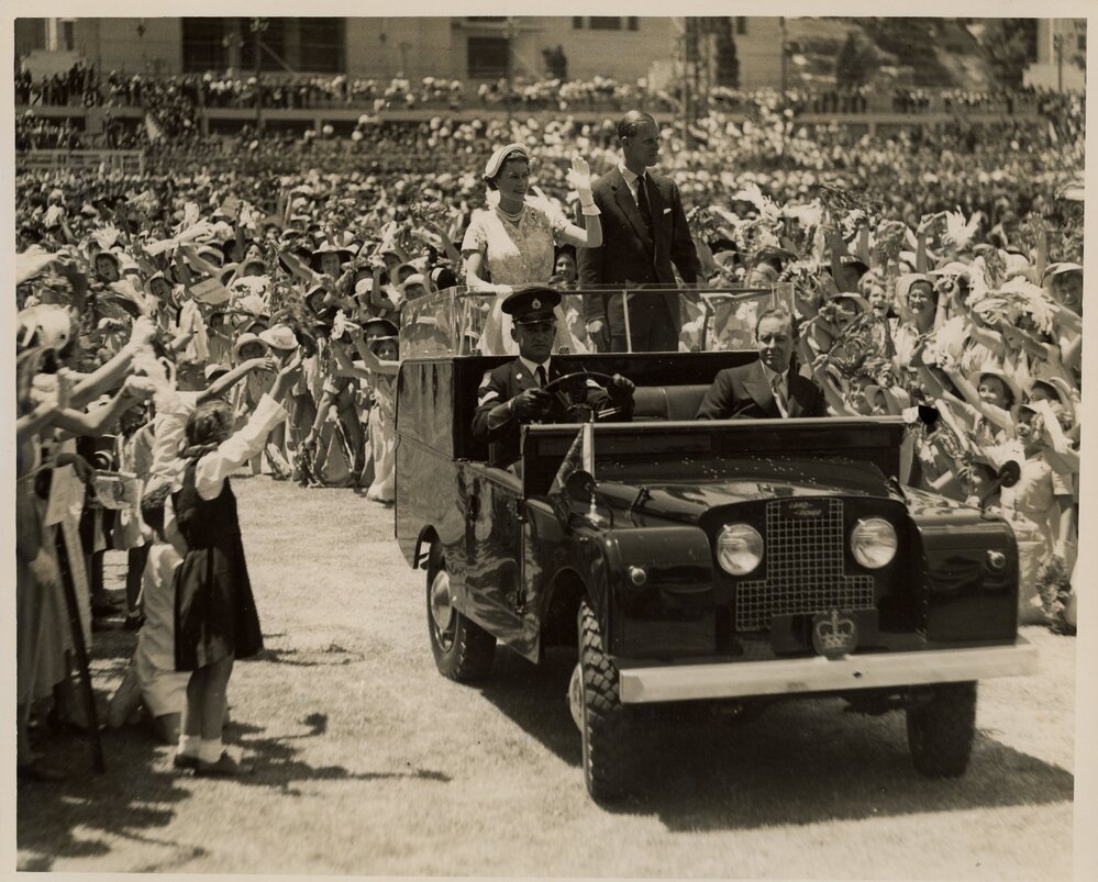 Queen Elizabeth and Prince Philip in Army Vehicle, 1954