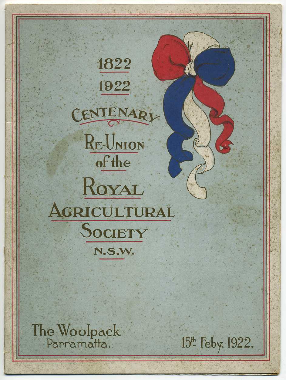 Menu: Royal Agricultural Society Menu &amp; Toasts Centenary Reunion 1922
