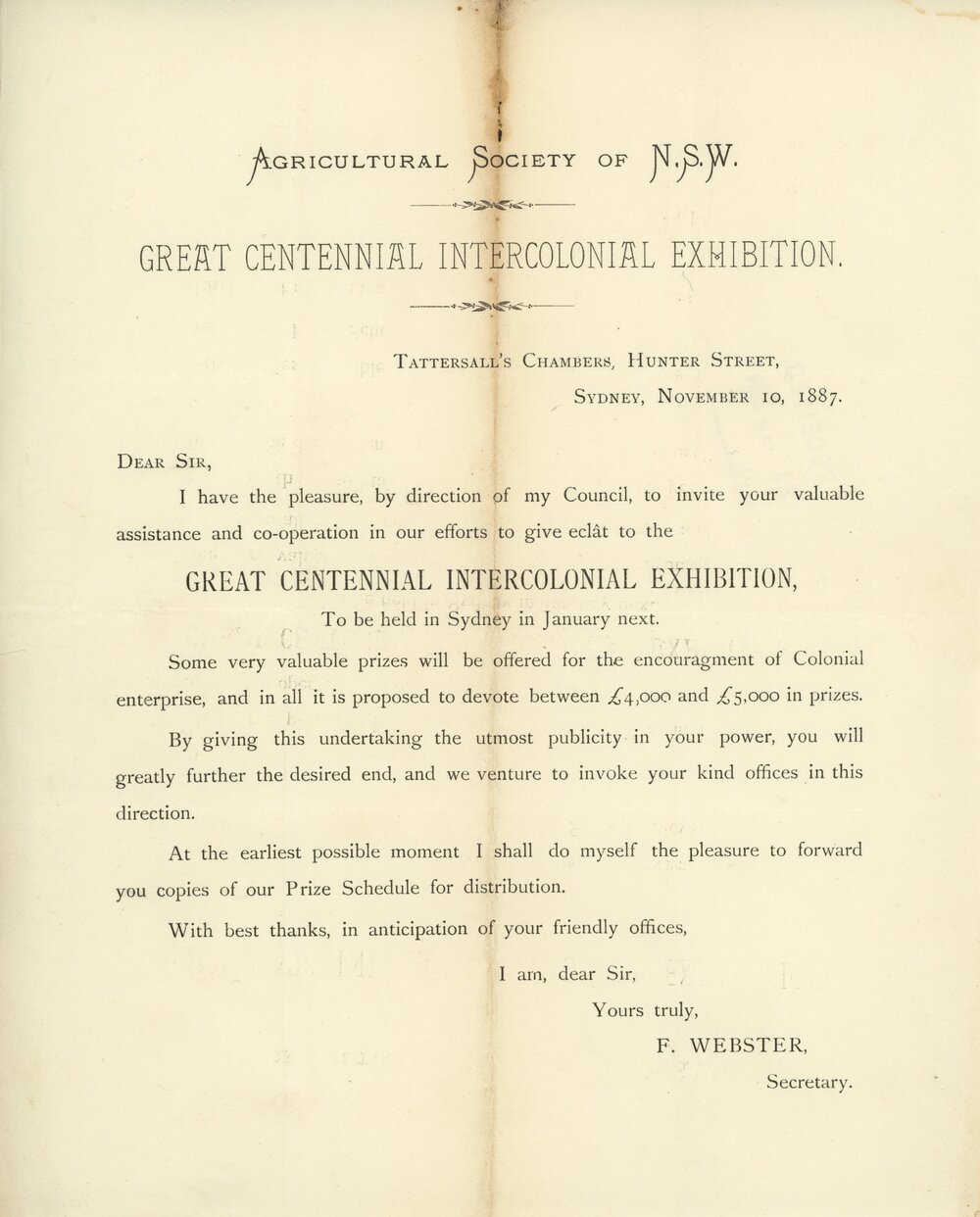 Letter: Great Centennial Intercolonial Exhibition 1888