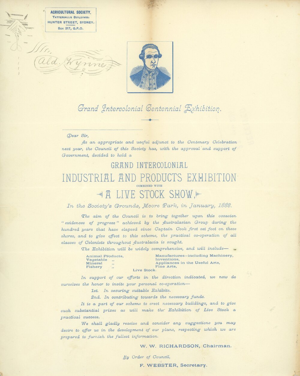 Letter: Grand Intercolonial Industrial &amp; Products Exhibition &amp; Livestock Show 1888