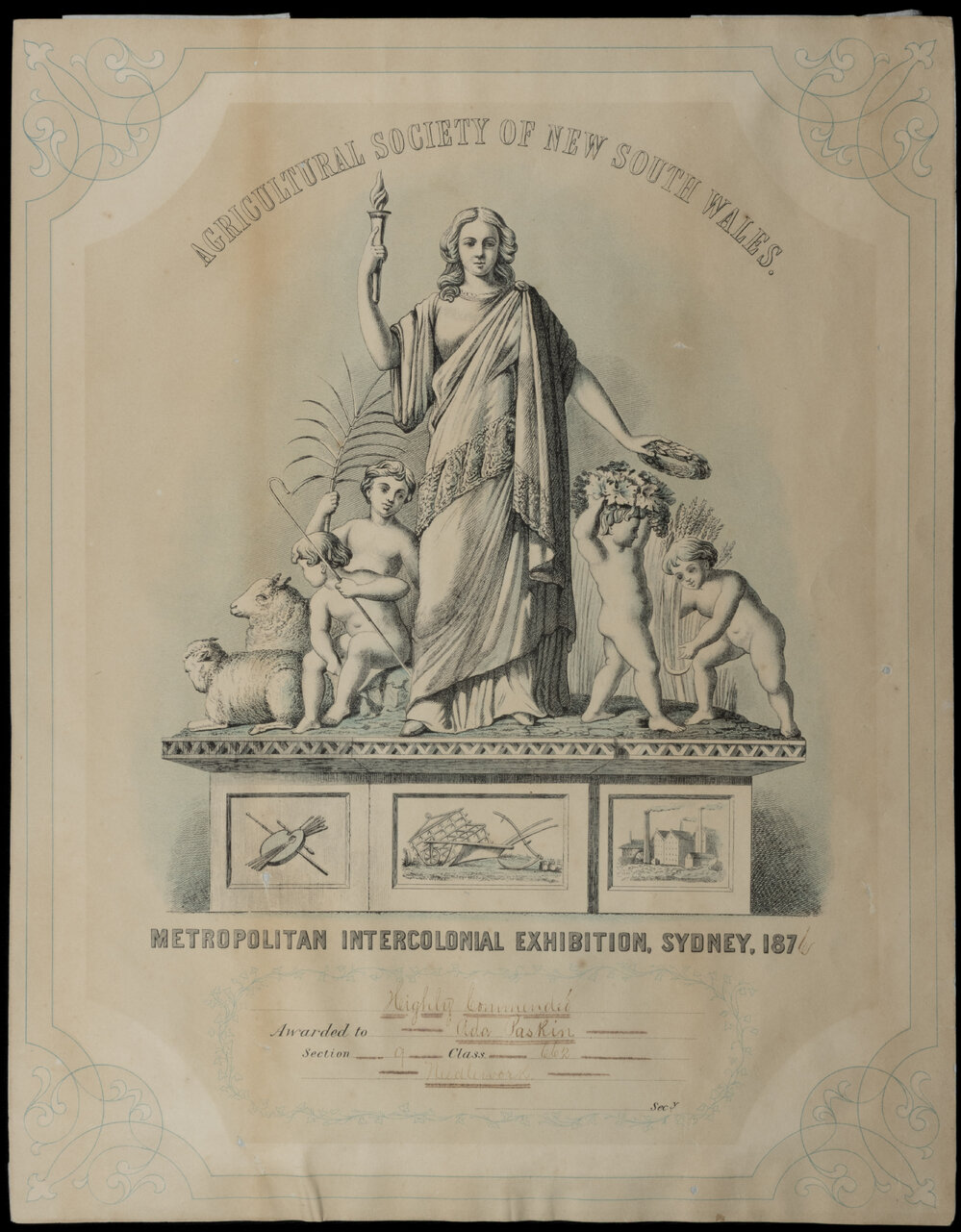 Certificate Awarded to Paskin for Needlework - Highly Commended, 1876