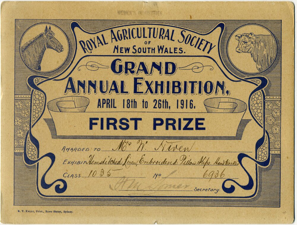 Certificate Awarded to W Niven for Hemstitched Linen, 1916