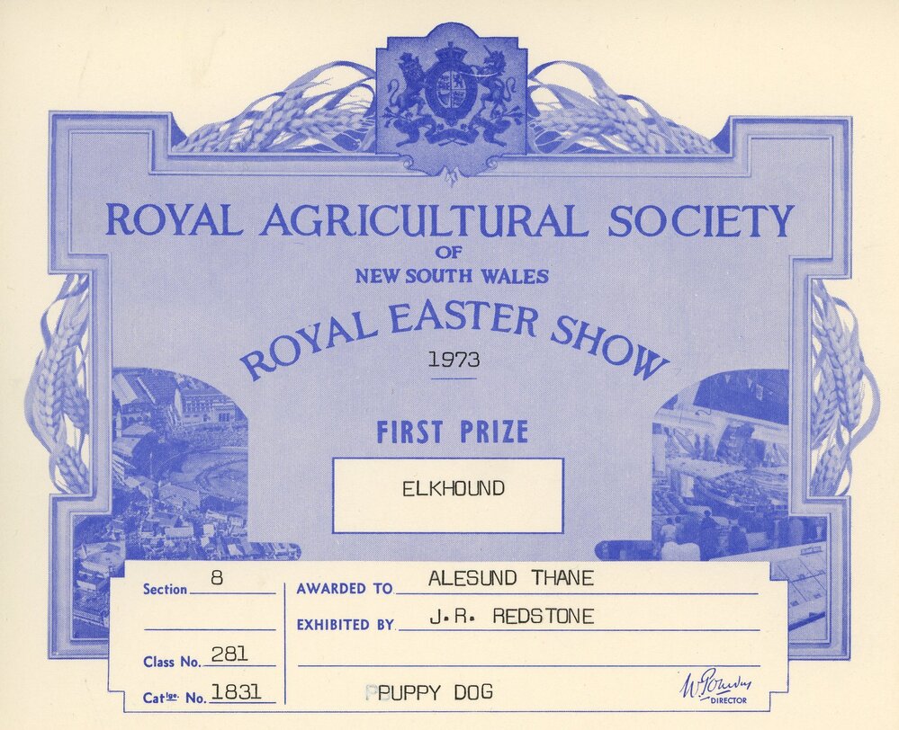 Certificate Awarded to Thane for Elkhound - First Prize, 1973