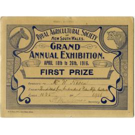 Certificate Awarded to W Niven for Hemstitched Linen, 1916