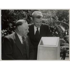 Unveiling First Farm Plaque in Botanical Gardens, 1952