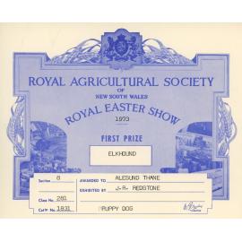 Certificate Awarded to Thane for Elkhound - First Prize, 1973