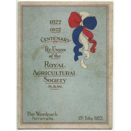 Menu: Royal Agricultural Society Menu & Toasts Centenary Reunion 1922