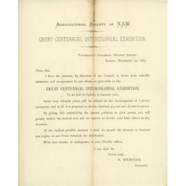 Letter: Great Centennial Intercolonial Exhibition 1888