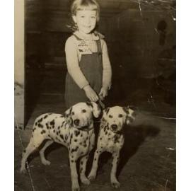 Kerry Johnston with Dalmatian puppies, 1949