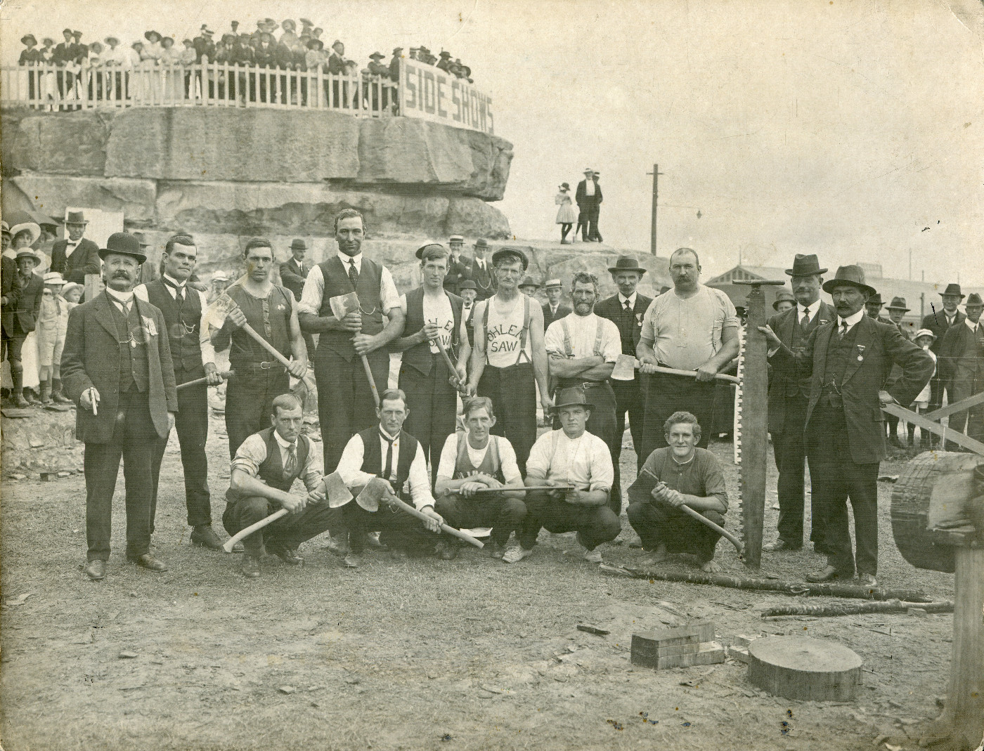 Woodchop competitors and officials c1920